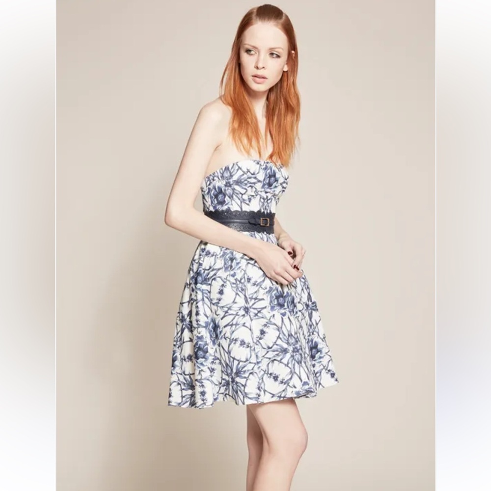 Marchesa Notte Blue & White Floral‎ Cotton Silk Strapless Dress NWT 4 *NO BELT*